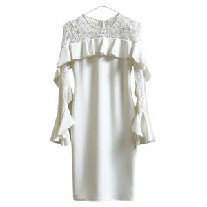 Betsy & Adam White Lace Ruffle Sheath Dress 2 Bridal Cocktail Wedding Guest